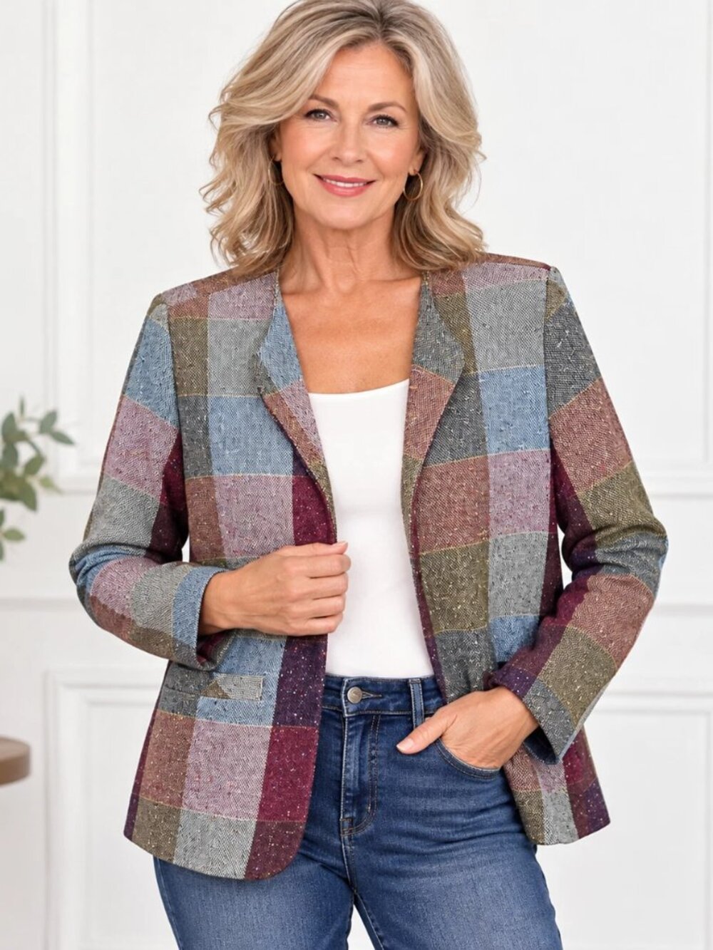 Willow Ridge Plaid Blazer Womens L Multicolor Patchwork Open Front Eclectic